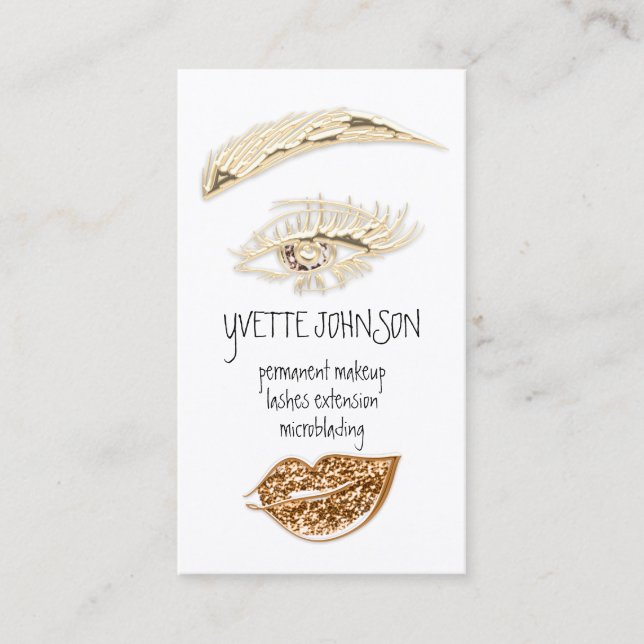 Lash Brow Permanent Makeup Logo QR Gold Kiss Lip  Business Card (Front)