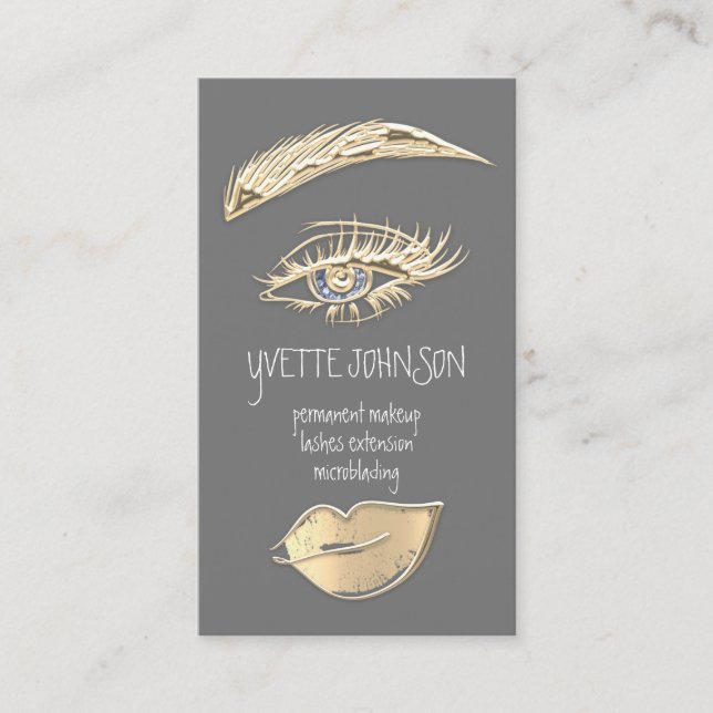 Lash Brow Permanent Makeup Logo QRCode Gold Grey Business Card (Front)