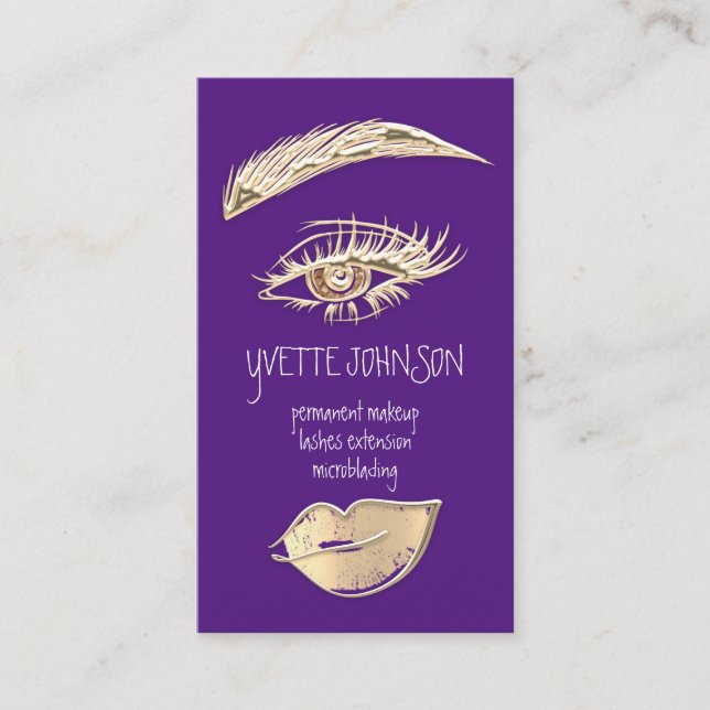 Lash Brow Permanent Makeup Logo QRCode Gold Purple Business Card (Front)