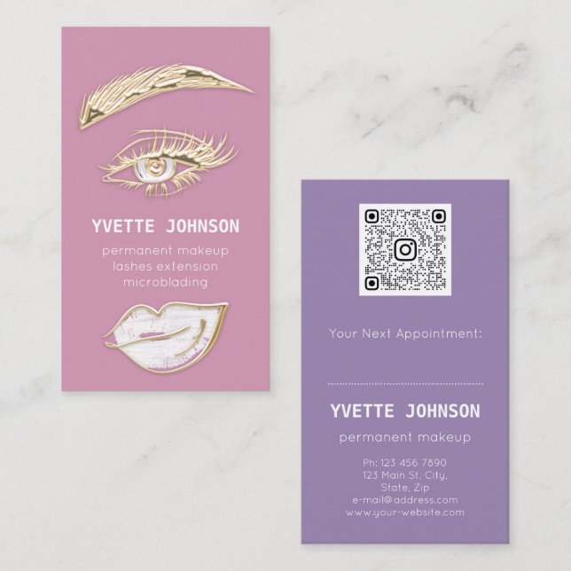 Lash Brows Permanent Makeup Logo QRCode Lip Pink Business Card (Front/Back)