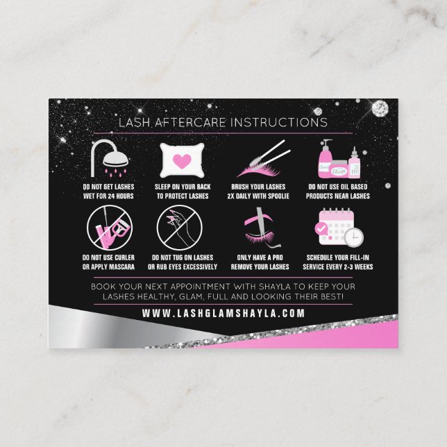 Lash Extensions Aftercare Glam Pink Diamonds Business Card (Back)