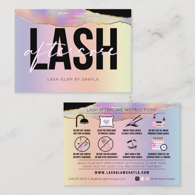 Lash Extensions Aftercare Holographic Rainbow Business Card (Front/Back)