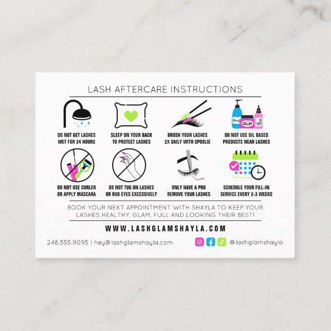 Lash Extensions Aftercare Instructions - Bold Neon Business Card (Back)