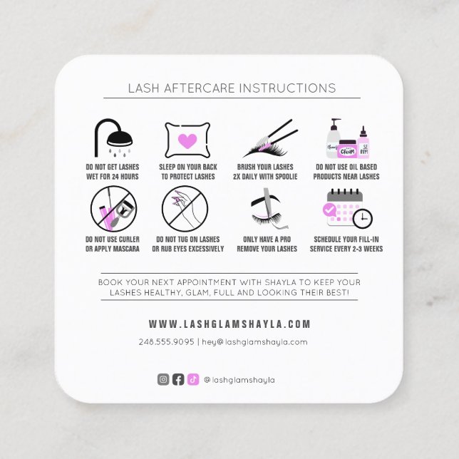 Lash Extensions Aftercare Instructions Fuchsia Squ Square Business Card (Back)
