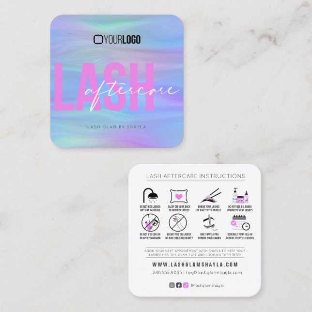 Lash Extensions Aftercare Instructions Fuchsia Squ Square Business Card (Front/Back)
