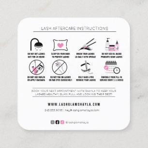 Lash Extensions Aftercare Instructions Pink Black Square Business Card
