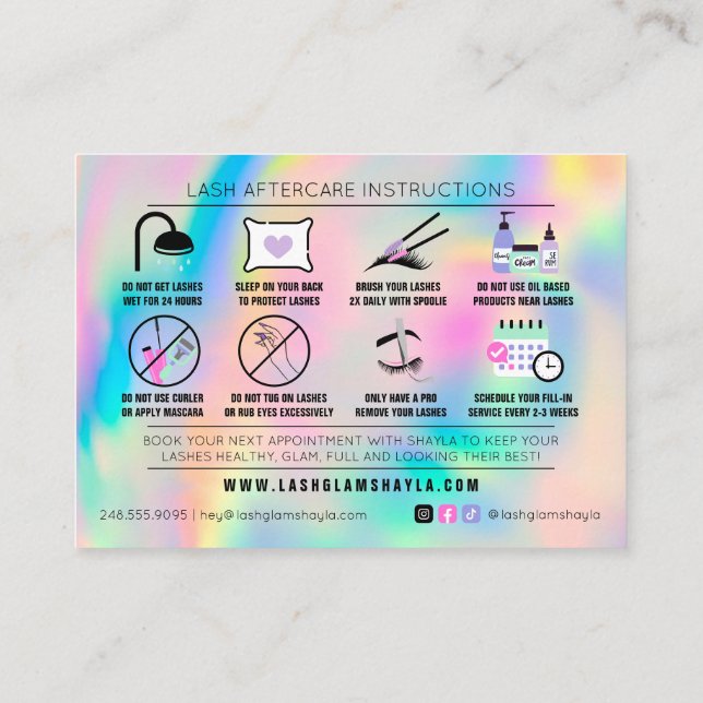 Lash Extensions Aftercare Instructions Rainbow Business Card (Back)