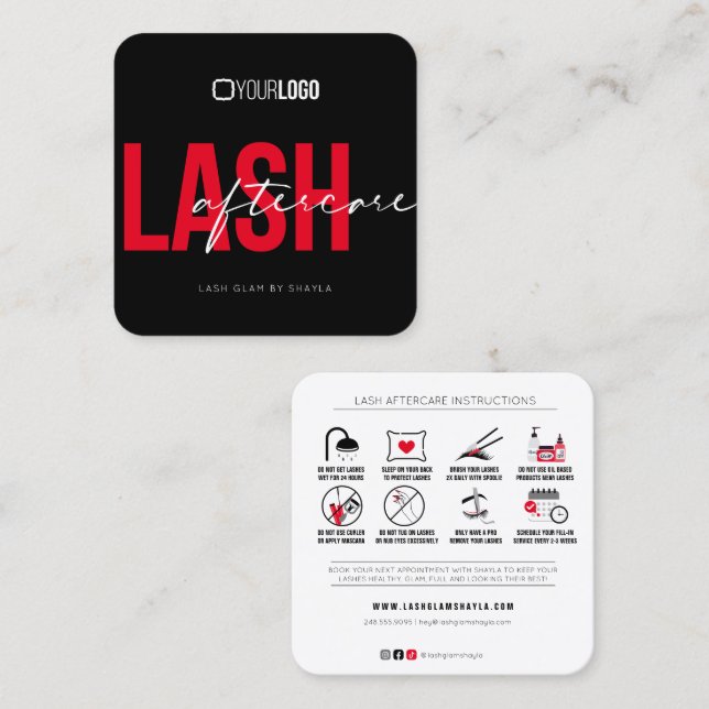 Lash Extensions Aftercare Instructions Square Business Card (Front/Back)
