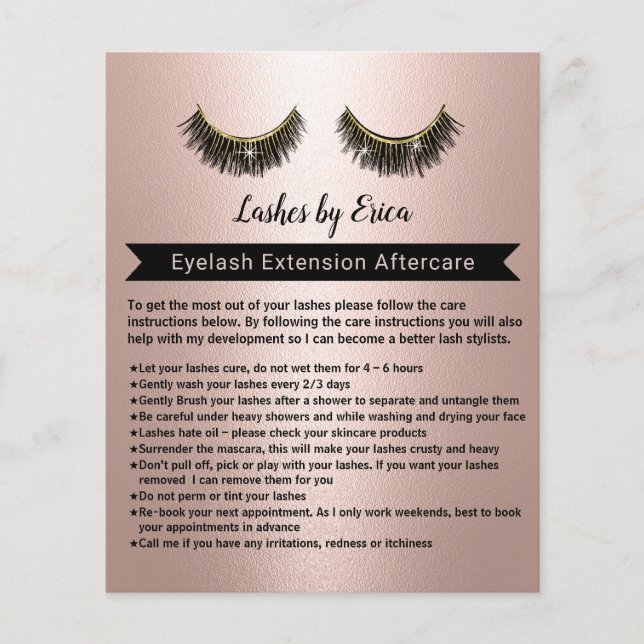 Lash Extensions Rose Gold Aftercare Instruction Flyer (Front)