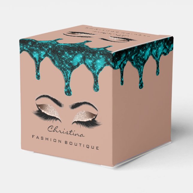 Lash Makeup Logo Glitter Teal Drips Boutique Rose Favor Box (Back Side)