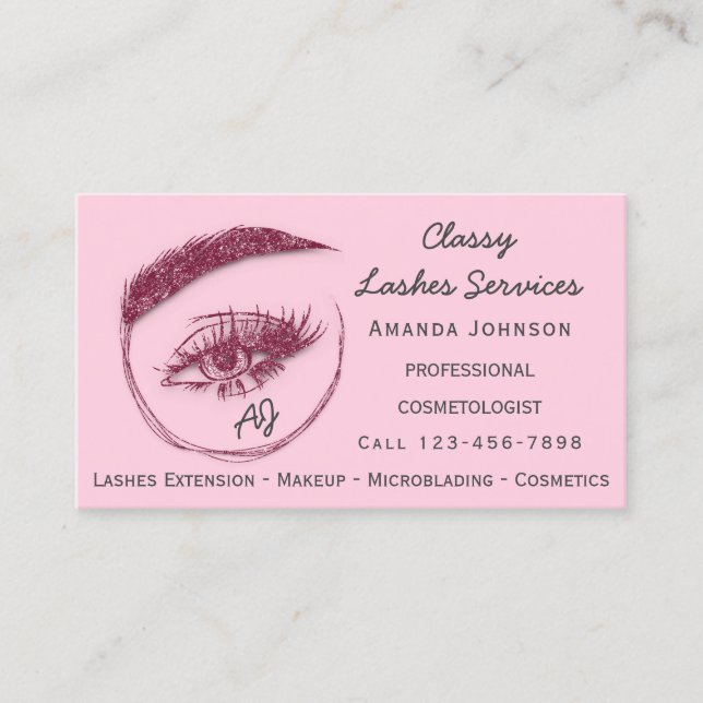 Lash Makeup Microblade Logo Qr Code Monogram Pink Business Card (Front)