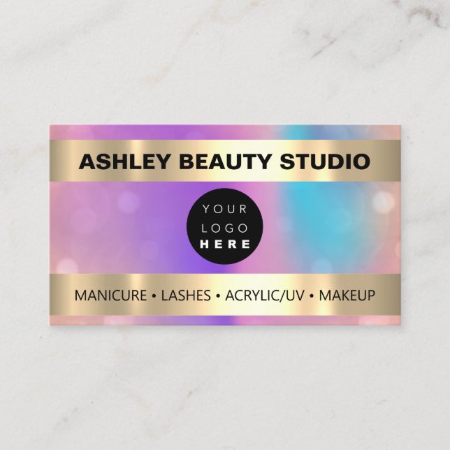 Lash Makeup Nail Hairdresser Logo Gold Holograph Business Card (Front)