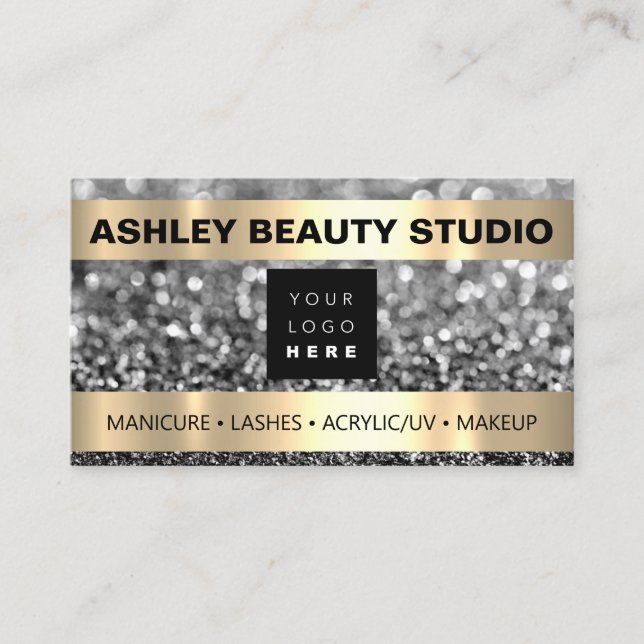 Lash Makeup Nail Stylist Logo Grey Silver Glitter Business Card (Front)
