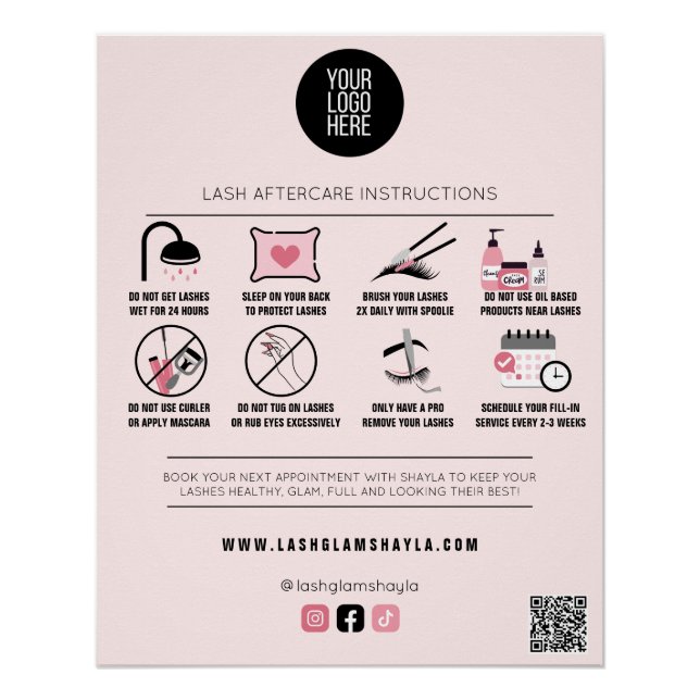 Lash Salon Eyelash Extension Aftercare Instruction Poster (Front)