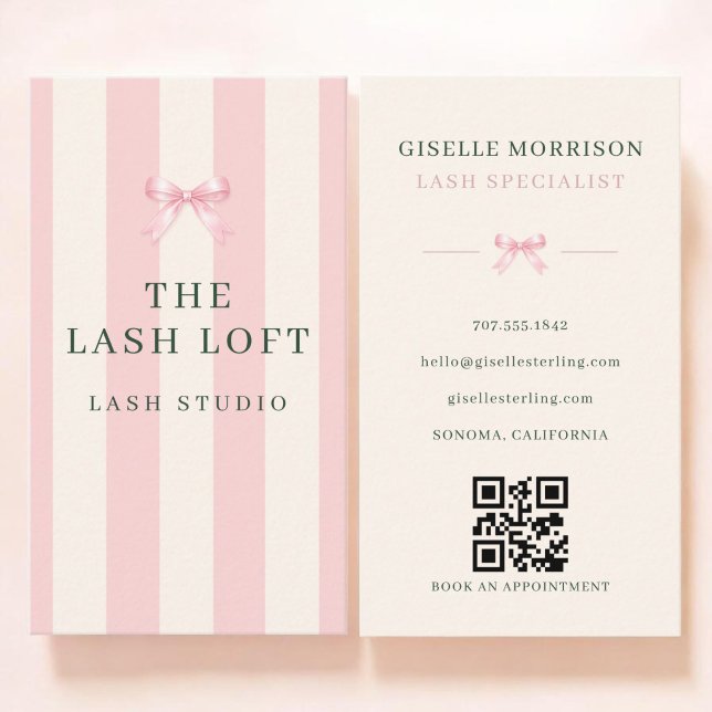Lash Specialist Pink Green Striped Bow QR Code Business Card (Creator Uploaded)