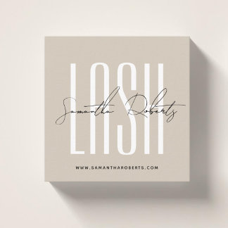 Lash stylist modern typography script beige square business card