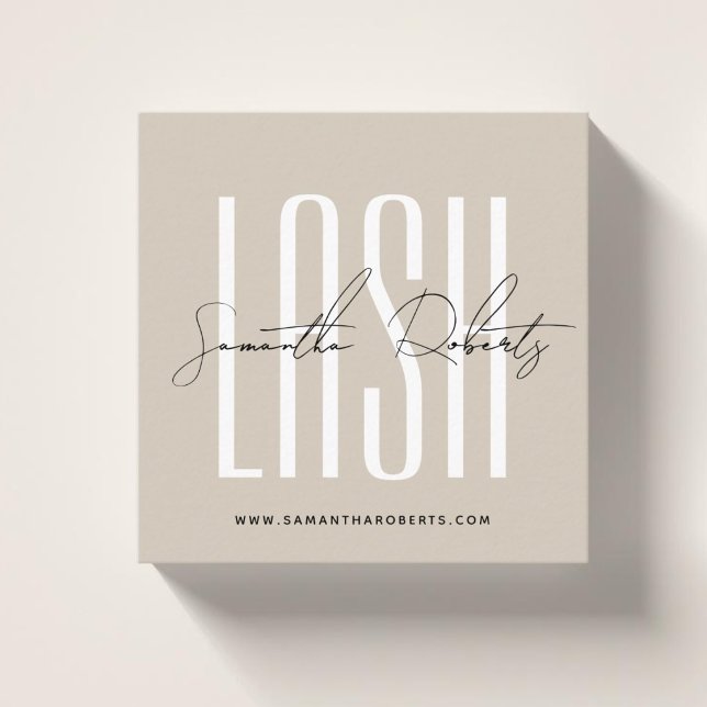 Lash stylist modern typography script beige square business card (Creator Uploaded)
