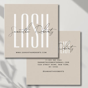 Lash stylist modern typography script beige square business card