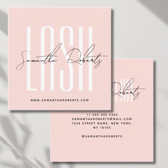Lash stylist modern typography script blush pink square business card (Creator Uploaded)