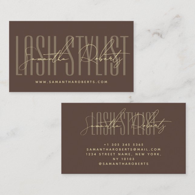 Lash stylist modern typography script brown business card (Front/Back)