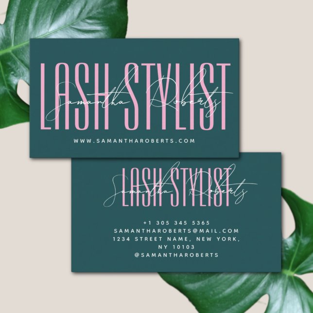 Lash stylist modern typography script green pink business card (Creator Uploaded)