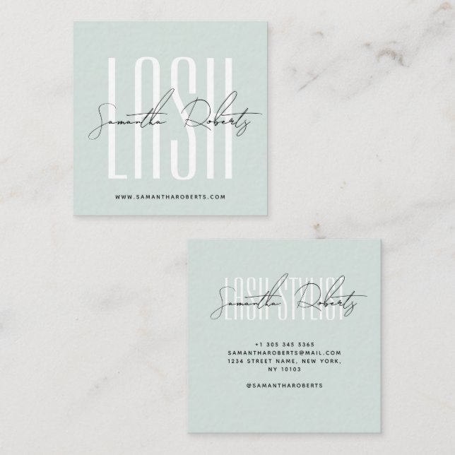 Lash stylist modern typography script light blue square business card (Front/Back)