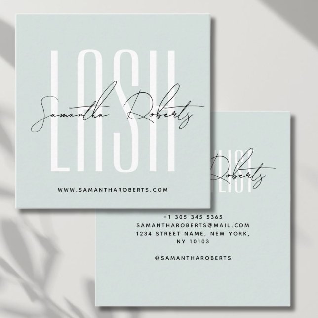 Lash stylist modern typography script light blue square business card (Creator Uploaded)