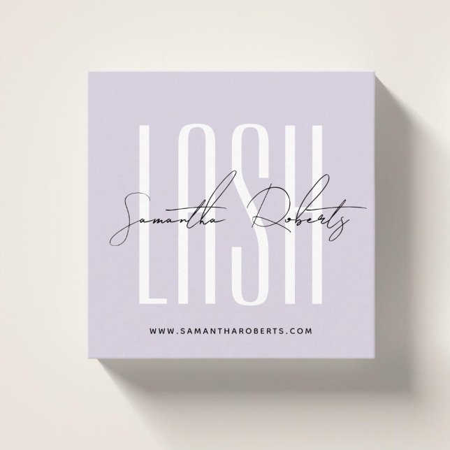 Lash stylist modern typography script lilac square business card (Creator Uploaded)