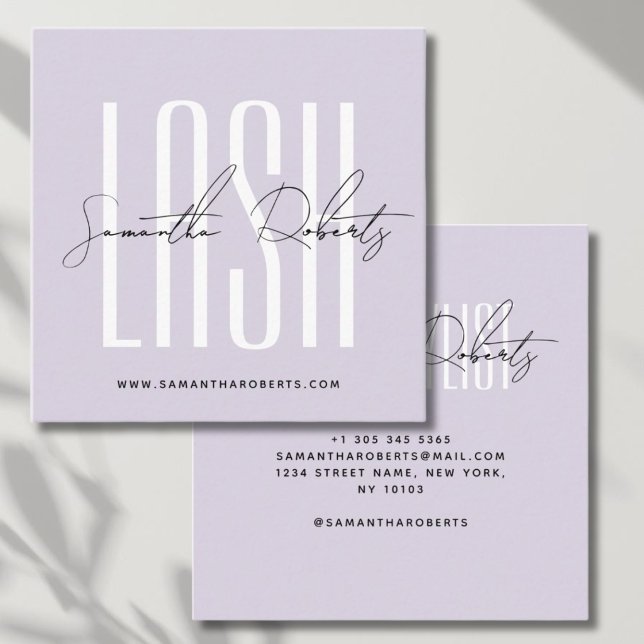 Lash stylist modern typography script lilac square business card (Creator Uploaded)