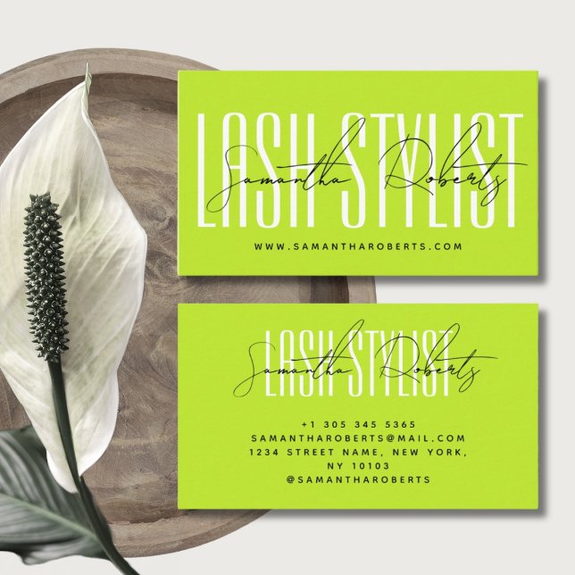 Lash stylist modern typography script neon green business card (Creator Uploaded)