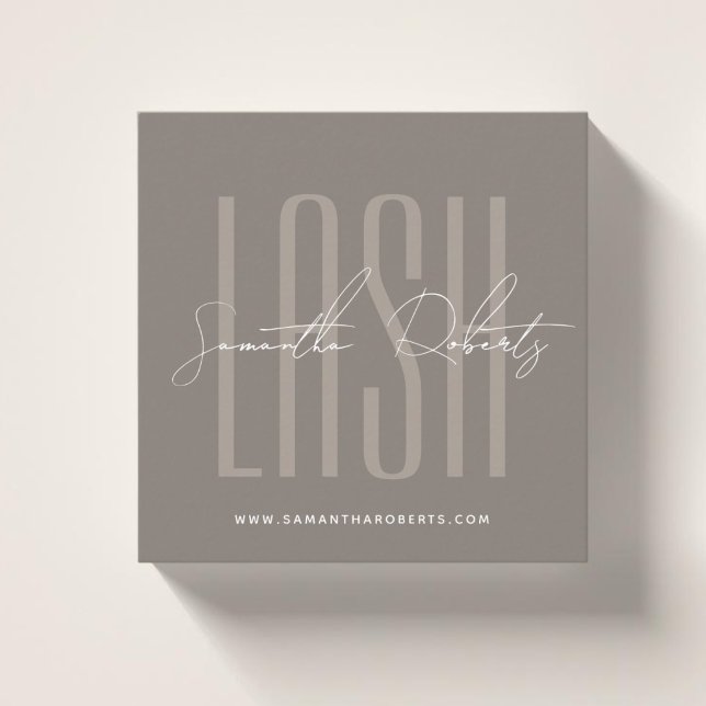 Lash stylist modern typography script taupe square business card (Creator Uploaded)