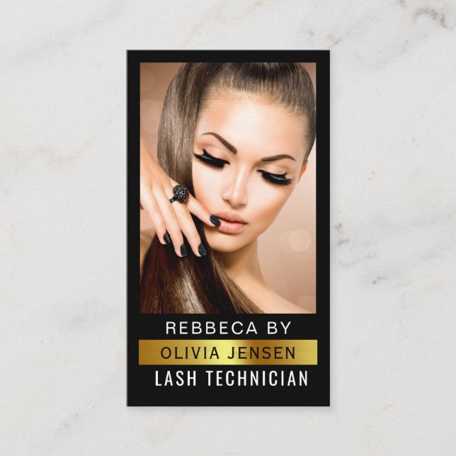 Lash Tech Golden And Black QR Code Business Card (Front)
