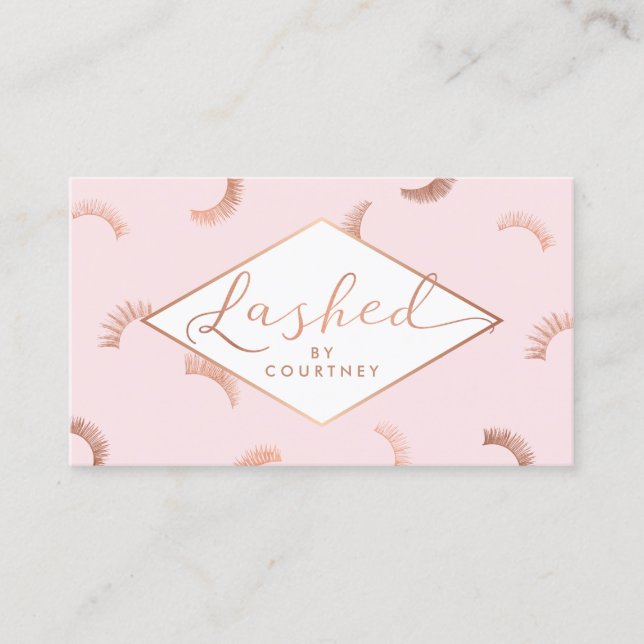 Lashed Text Lashes Pattern Pink/Rose Gold Business Card (Front)