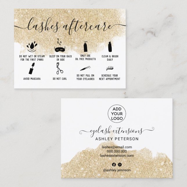 lashes aftercare illustrations gold glitter business card (Front/Back)