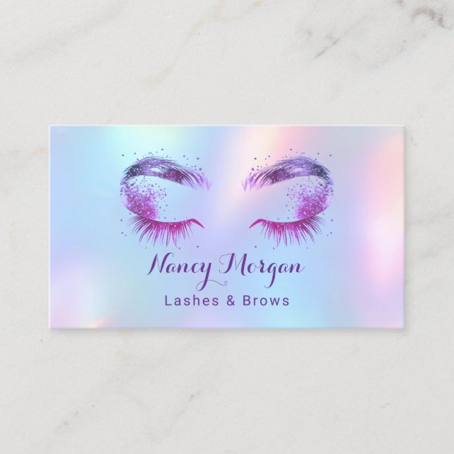 lashes and brows holographic unicorn rainbow business card (Front)