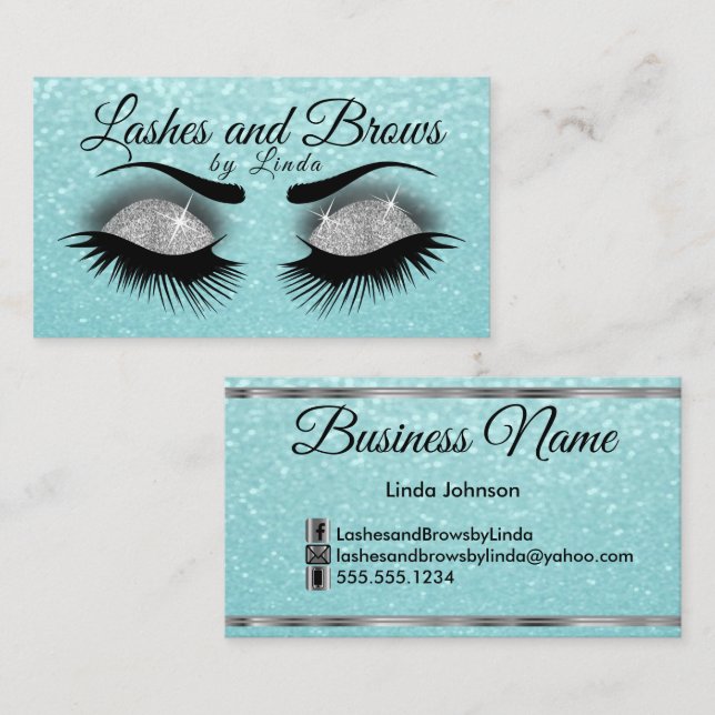 Lashes and Brows - Smokey Grey and Teal Glitter Business Card (Front/Back)