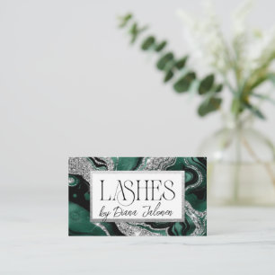 Lashes Appointment Reminder Silver Green Marble Business Card