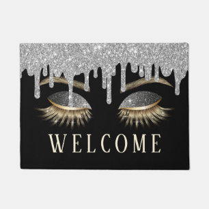 Lashes Beauty Salon Silver Drips Black Welcome Doormat