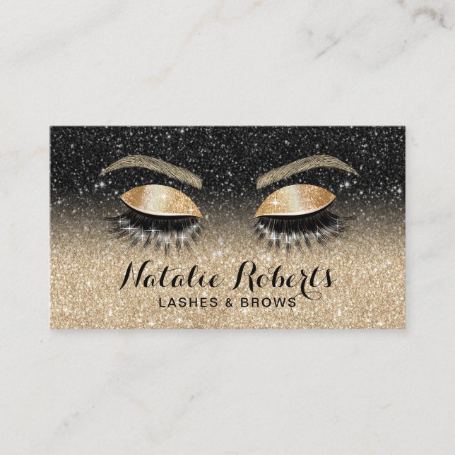 Lashes Brows Beauty Salon Black & Gold Glitter  Business Card (Front)