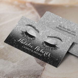 Lashes Brows Beauty Salon Black & Silver Glitter Business Card