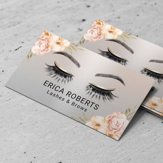 Lashes & Brows Beauty Salon Modern Silver Floral Business Card (Creator Uploaded)
