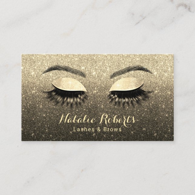 Lashes Brows Makeup Artist Black & Gold Glitter Business Card (Front)