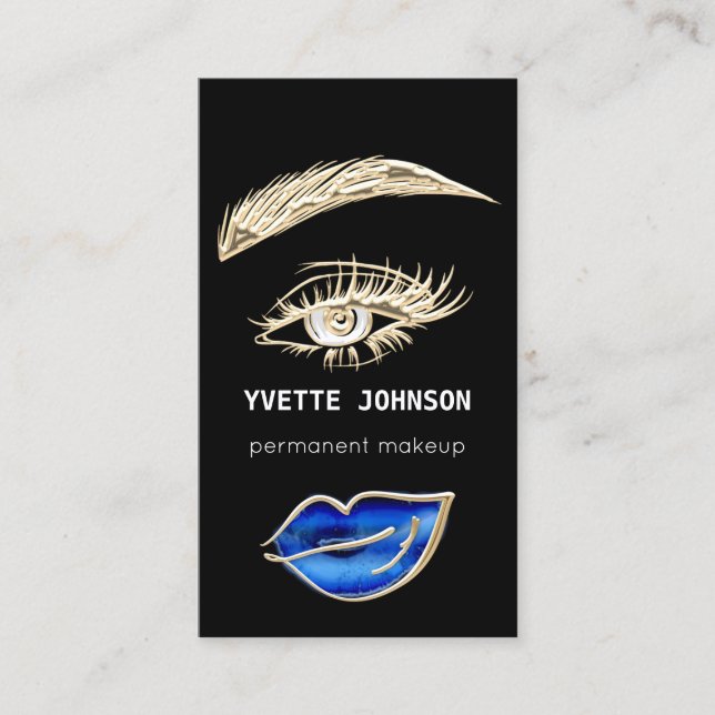 Lashes Brows Makeup Logo QR Code Lips Black Blue Business Card (Front)