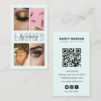 Lashes Calligraphy Photo Collage Qr Code Baby Blue Business Card
