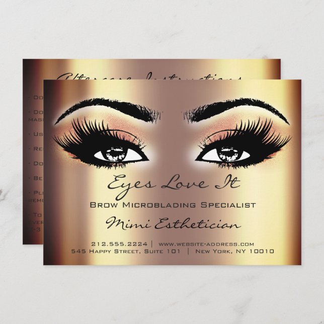 Lashes Extension Aftercare Instructions Gold Bronz Invitation (Front/Back)