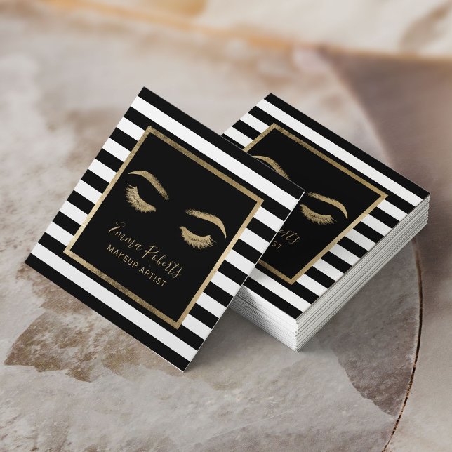 Lashes Eyelash Makeup Artist Modern Stripes Salon Square Business Card (Creator Uploaded)