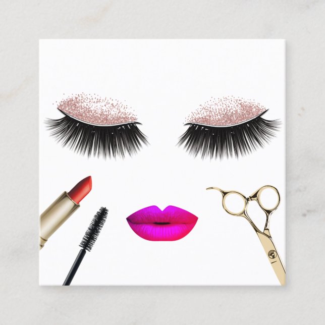 Lashes & Lips Hair Salon Makeup Artist Rose Gold Square Business Card (Front)