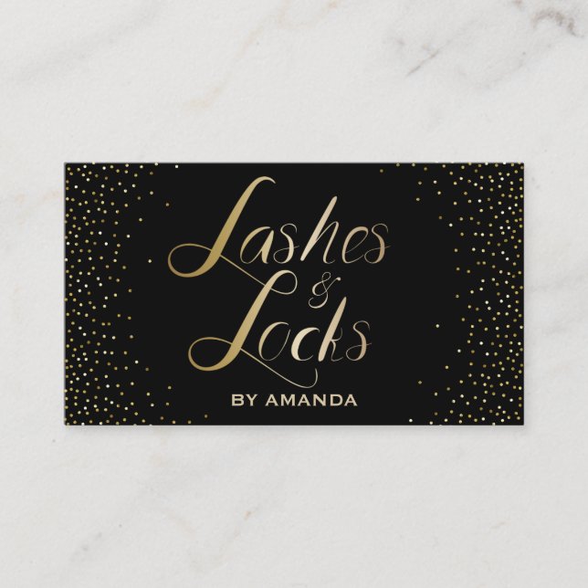 Lashes & Locks Makeup Artist Modern Black & Gold Business Card (Front)