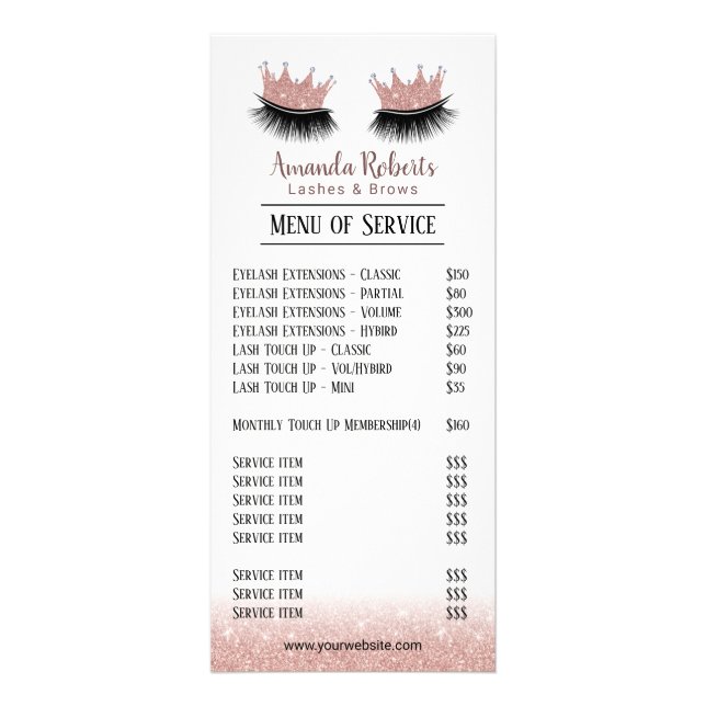 Lashes Makeup Artist Crown Eyelash Price Lists Rack Card (Front)