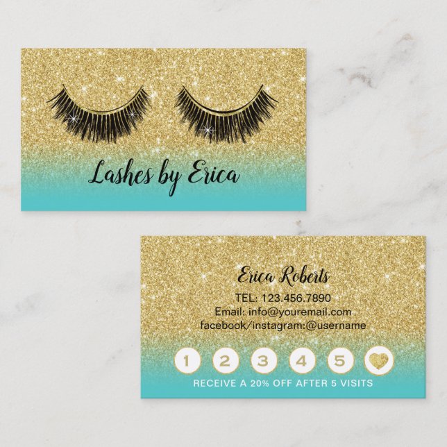 Lashes Makeup Artist Modern Gold Glitter Loyalty Card (Front/Back)